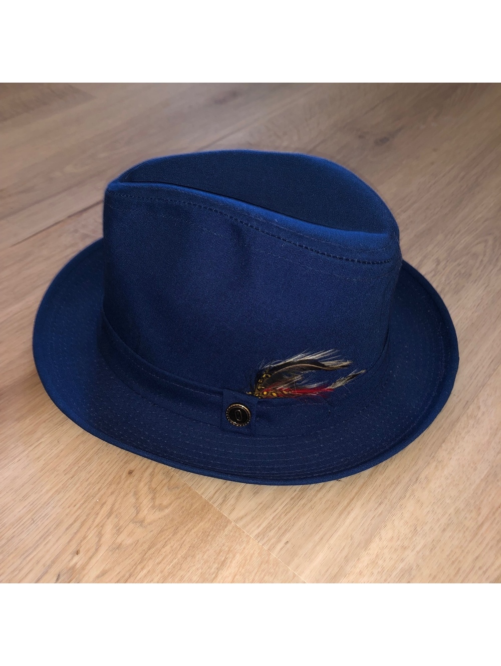 VINTAGE PARK ROYAL BLUE RED FEDORA FEATHER HAT CAP BLACK MENS SIZE 6 7/8